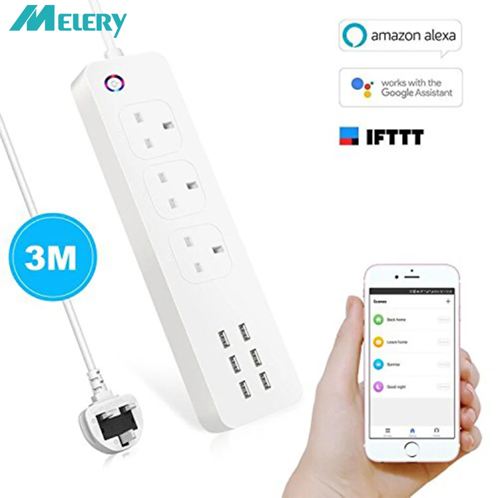 Pаспродажа Smart Wi Fi мощность полосы 3 Великобритания Plug Электрический фильтр с USB м 9.8Ft удлинитель Homekit работать Alexa Google домашний помощник