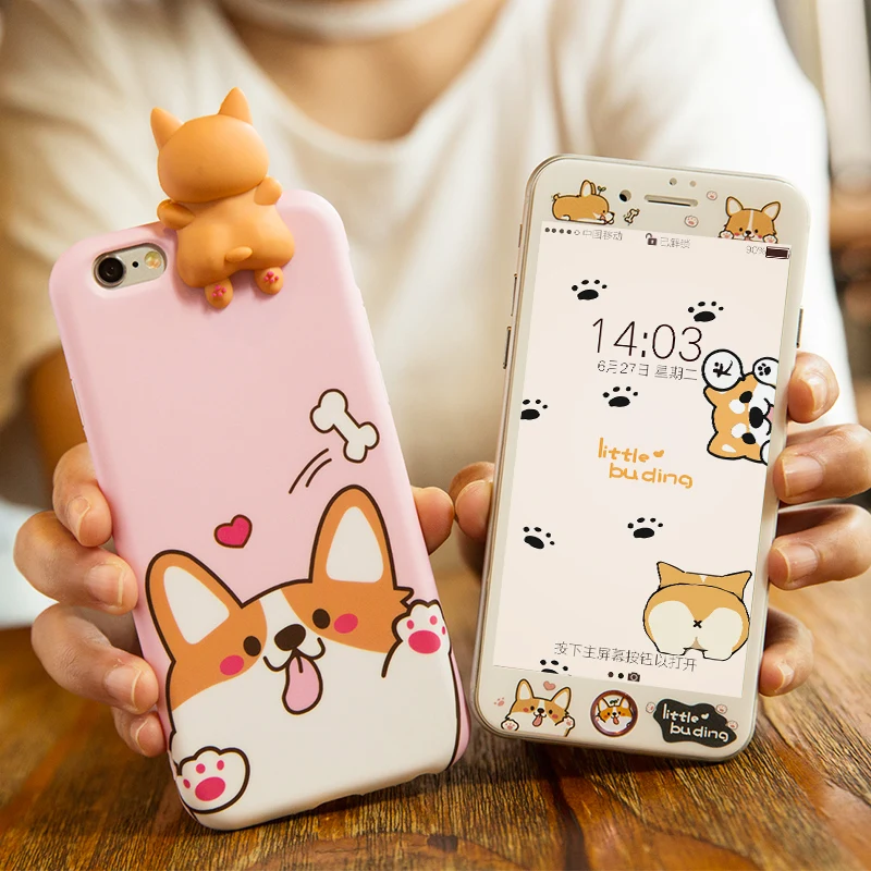 

For iPhone 8 8Plus 3D Welsh Corgi dog phone Cases + Tempered Glass Screen film For iphone 6 6s 6plus 7 7plus Cute pet dog case