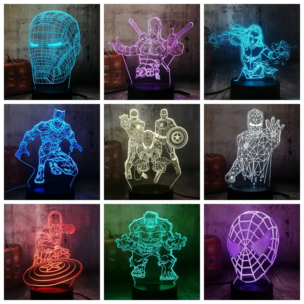 3D светодиодный ночник Marvel Мстители Человек паук Халк Дэдпул многоцветный RGB