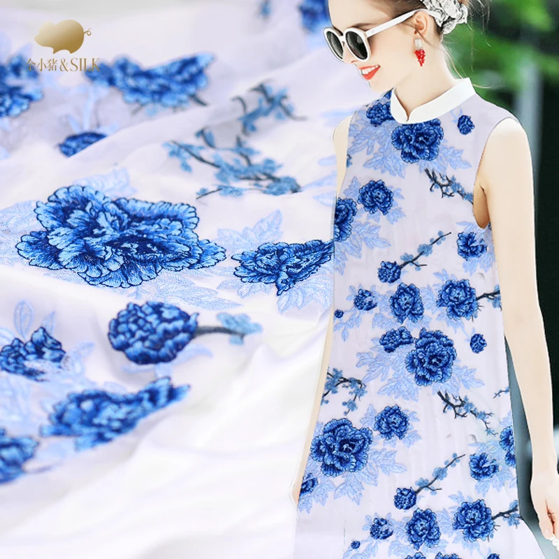 

White glaze blue and white silk embroidery fabric cotton cloth perspective dress silk embroidery fabric fashion cotton fabric