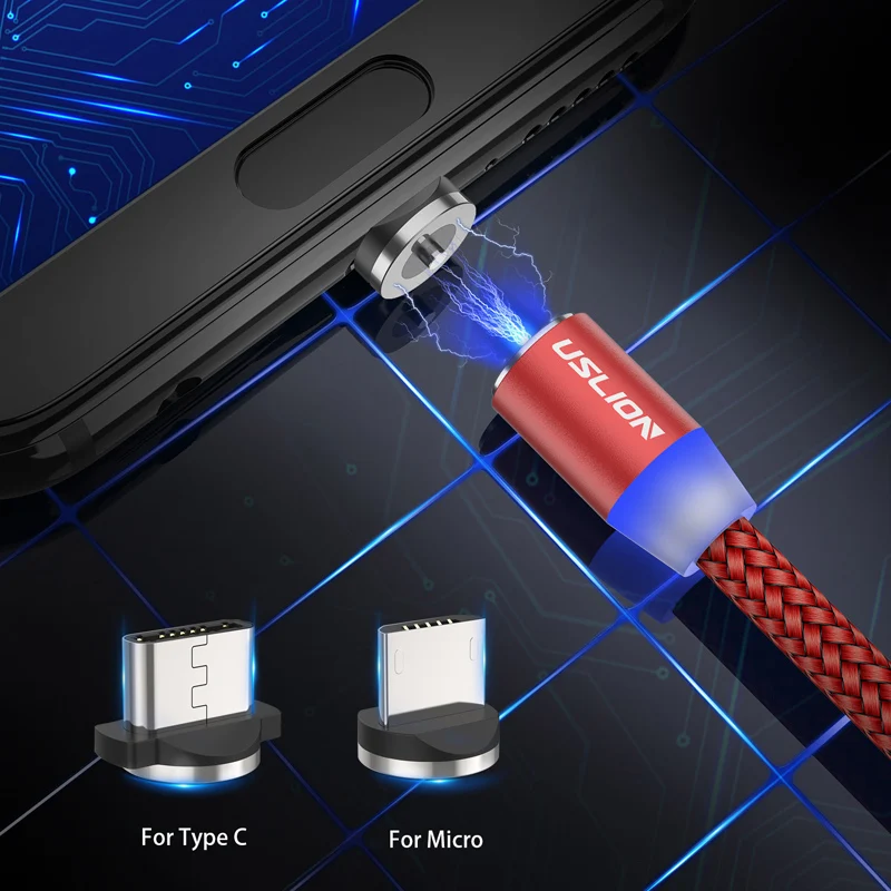 USLION светодиодный магнитный usb-кабель для samsung Xiaomi для iPhone X 8 7, магнитный штекер и кабель USB type C и кабель Micro usb для быстрой зарядки