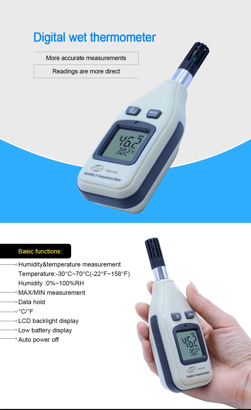 GM1362 1.45 Inch Screen Digital Humidity & Temperature Meter