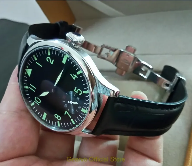 

butterfly buckle 44mm GEERVO black dial Asian 6497 17 jewels Mechanical Hand Wind movement men's watch green luminous 0145A