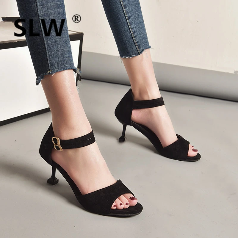 

flat sandals TPR strappy heels Casual High shoes woman soulier femme Solid Color Shallow Thin Heels Buckle toe new arrival