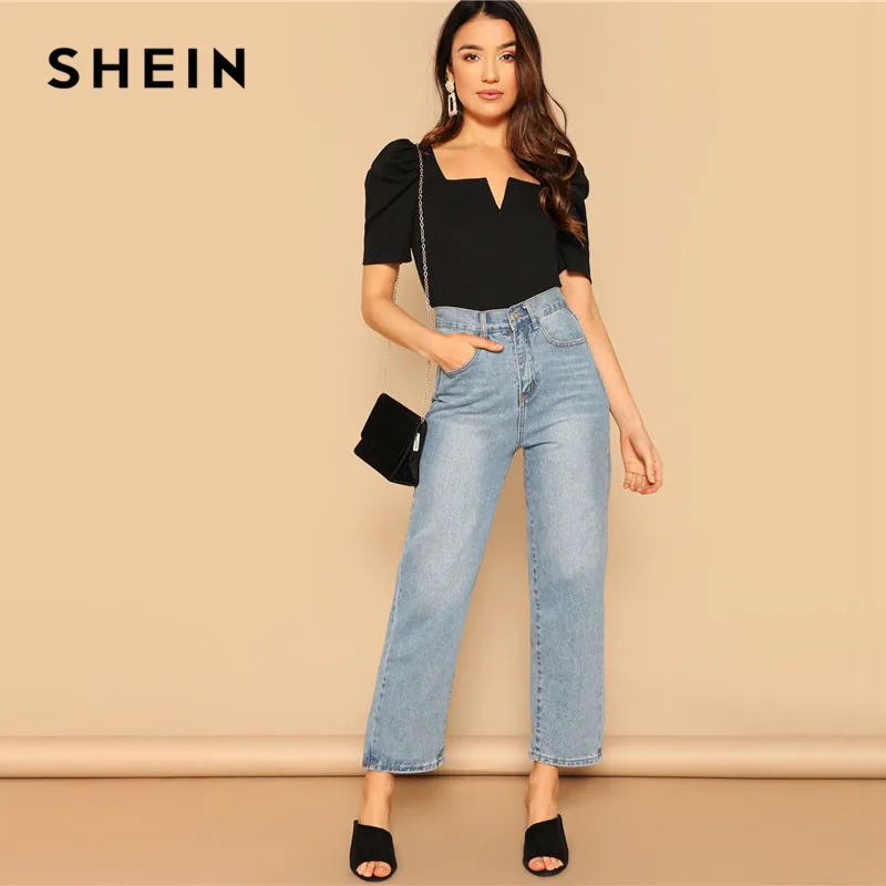 SHEIN Топ С Оригинальным Рукавом И V Образным Вырезом Трикотажный Квадратным