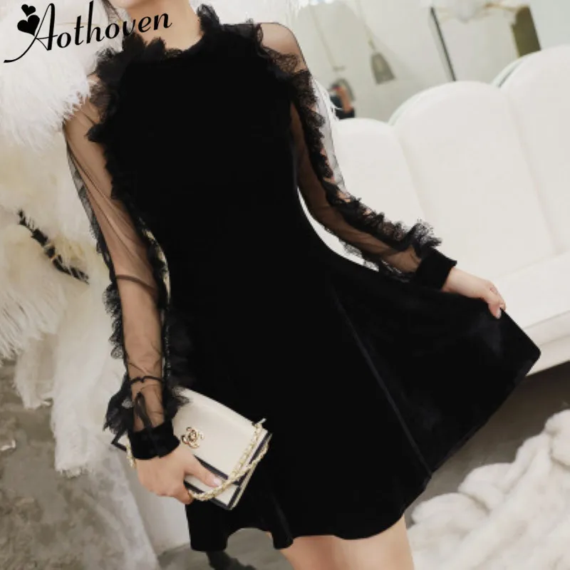 

Autumn Women Dress Mesh Patchwork Black A-Line Velvet Dress O Neck Bandage Slim Sexy Party Bodycon Vintage Dresses 2018 Vestidos