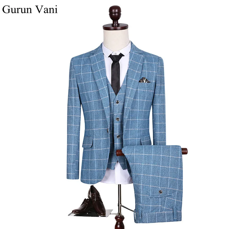 2018 Custom Slim Fit Side Slit Light Blue Plaid Dress Notch Lapel Groom