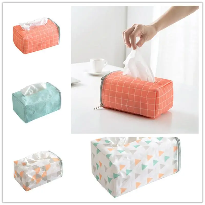 

Cloth Facial Tissue Box Cover Geometry Rectangular Napkin Holder Side Zipper Decorative Tissue Holder for Home Office Car