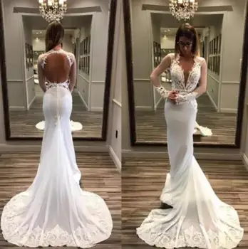 

New Long Sleeve V Neck Mermaid Wedding Dress Bridal Gown Wedding Dress Robe De Mariee Sofuge Boho Dubai Arabic Abiti Da Sposa