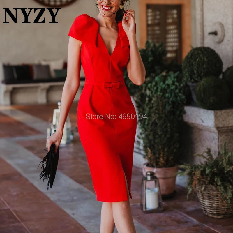 

Cocktail Dress NYZY C202 Jersey V Neck Bow Straps Slit Red Evening Formal Dress for Wedding Party Homecoming Graduation