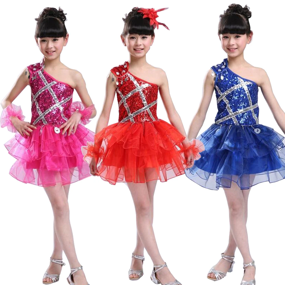 Blue Sequined Girls Modern Jazz Dancewear Dress kids Ballroom Ballet