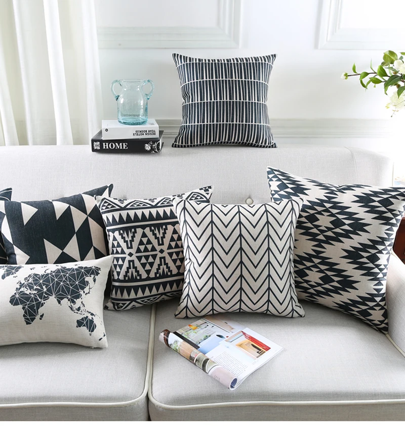 18" Square Black White Geometric Cotton Linen Cushion Cover Sofa Decor