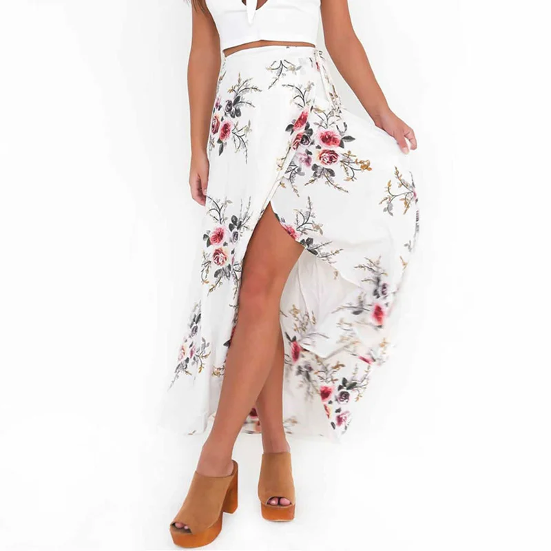 

VITIANA Brand Women Vintage long Skirts Summer White Floral Print Elegant Beach Maxi Skirt Boho high waist asymmetrical skirt