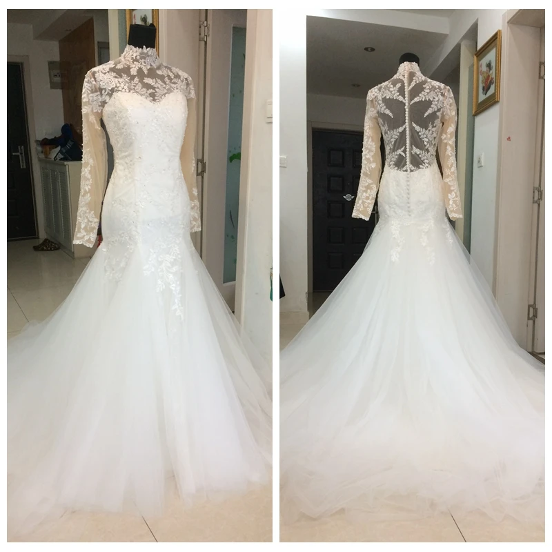 

Real Pictures 2017 New Mermaid Wedding Dresses Lace Appliques With Skin Top Bridal Gowns Beading Slim Africa Custom Vestidos