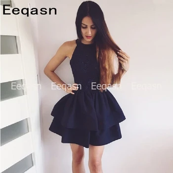 

New Sleeveless Halter Short Mini A-line Cocktail Dresses 2020 Elegant Navy Blue Homecoming Dresses Vestidos De Coctel