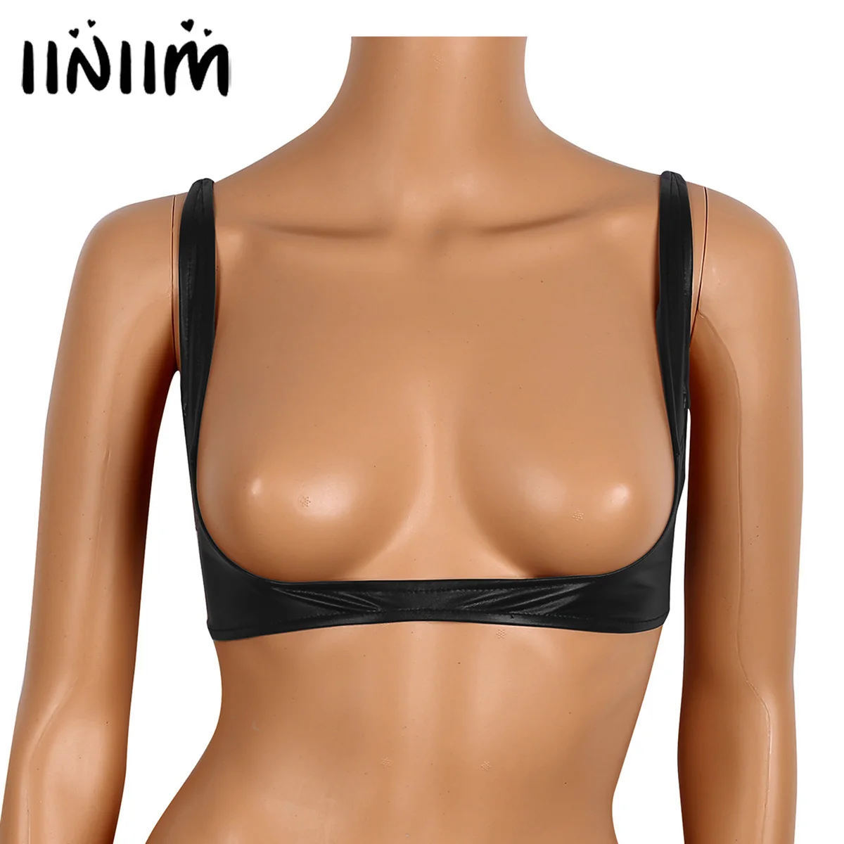  Womens Sexy Lingerie Bras for Nightclub Faux Leather Adjustable Wire-free Open Cup Shelf Bra Expose