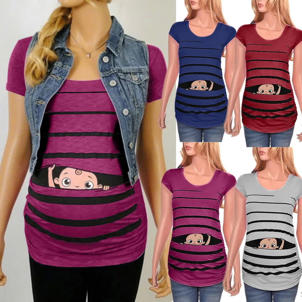 Maternity Dress Premium Soft Stretch Maternity Cute Funny Baby Print Striped Short Sleeve T-shirt Pregnant Tops MAR11