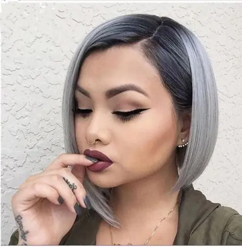 

Women Ombre black gray Straight short bob Synthetic Hair Full Cosplay Party Wig