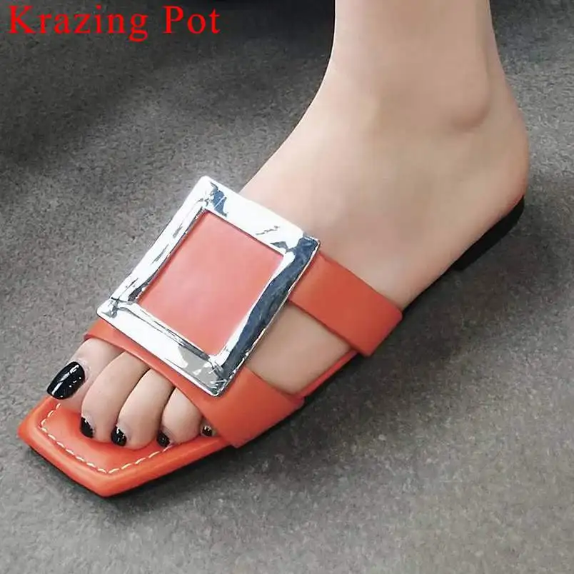

Krazing pot European design summer peep toe vintage style flat with dating seaside mules women outside sand beach slippers L31