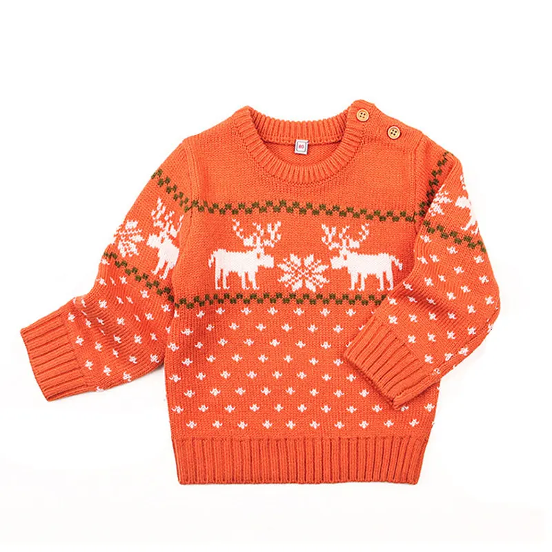 Зимняя трикотажная одежда с рисунком оленя для маленьких мальчиков и девочек 6-24 месяцев, Пуловеры с круглым вырезом для мальчиков и девочек, свитера, джемпер в горошек для новорожденных детей, DC509