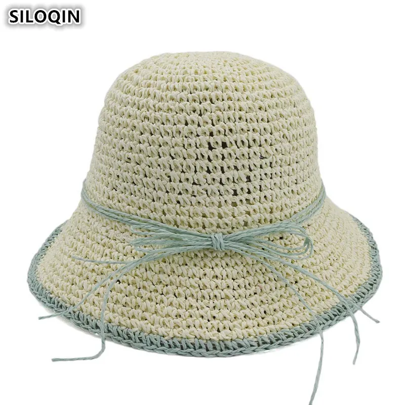 SILOQIN, летние женские соломенные шляпы, складная женская шляпа от солнца, новинка, негабаритный солнцезащитный козырек, ручная работа, вязаная крючком, модная пляжная шляпа для женщин
