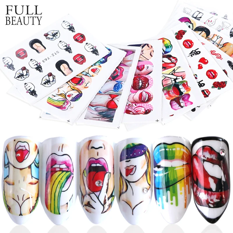 

Full Beauty 9pcs Nails Water Decals Sexy Lips Pop Nail Sticker Cool Girl Watermark Beauty Slider Decorations Manicure STZ756-765