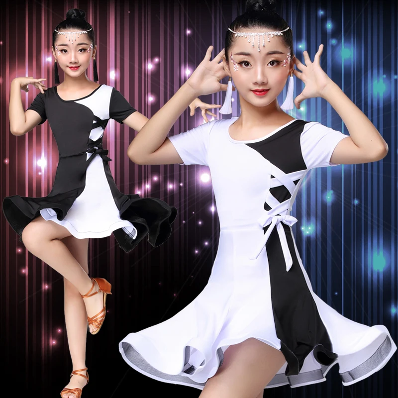 Черно-белые платья для латинских танцев; платье для латинских танцев для девочек; Детский костюм для латинских танцев для девочек