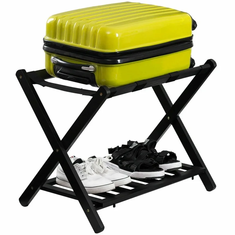

Folding Wood Smart Storage Stand Travel Luggage Rack with Shelf Wide for Easy Storage To Hold Any Size Luggage HW55593