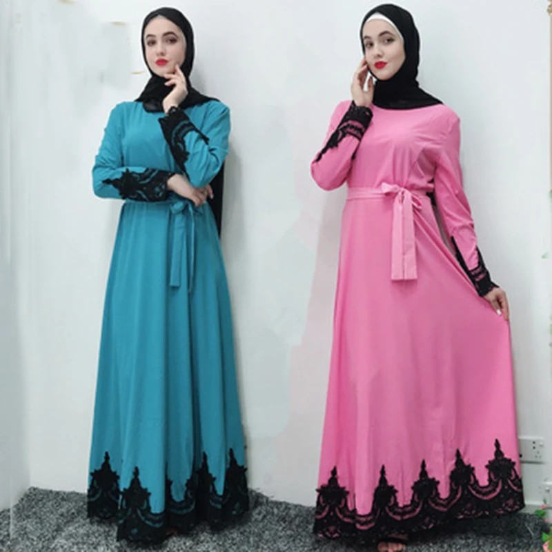 Мусульманское кружевное Повседневное платье abaya для женщин Дубай кружевное платье Выпускной халат с длинным рукавом розовый синий abaya большой Халат