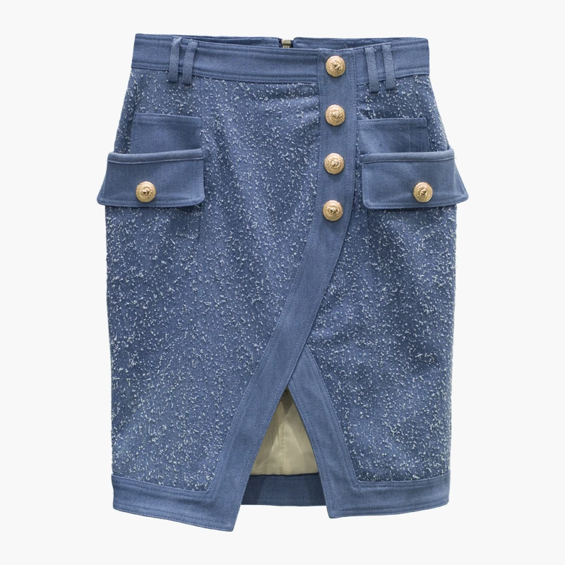 

EXCELLENT QUALITY Designer Stylish Skirt Women's Lion Buttons Embellished Tassel Asymmetrical Denim Skirt