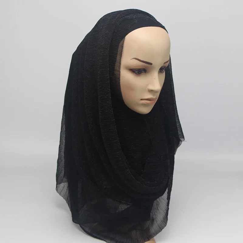 Мусульманское эластичные золотой шелк блестящие шарфы Высокое качество Для женщин элегантные длинные в сложенном виде модный головной платок, тонкий хиджаб - Цвет: WJA017J