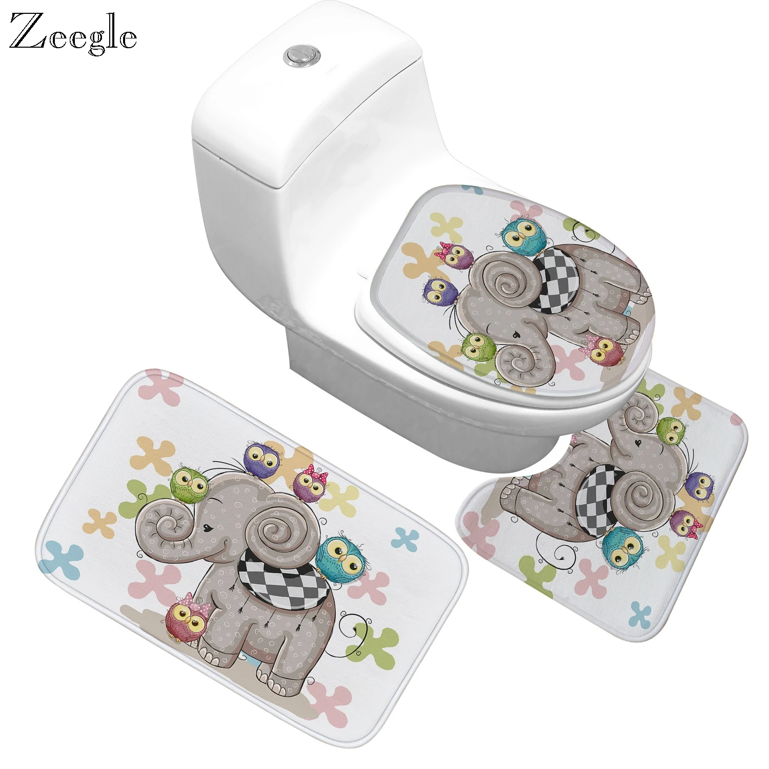 

3PCS Elephant Pattern Toilet Seat Cover Bath Mat Absorbent Non-Slip Bathroom Rug Bath Mat Set Flannel Floor Mats for Bathroom