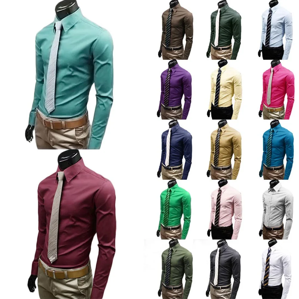 En Ligne Mode Hommes À Manches Longues Chemise Coton Social Solide Affaires Slim Fit Col Rabattu Chemises Vêtements FS99