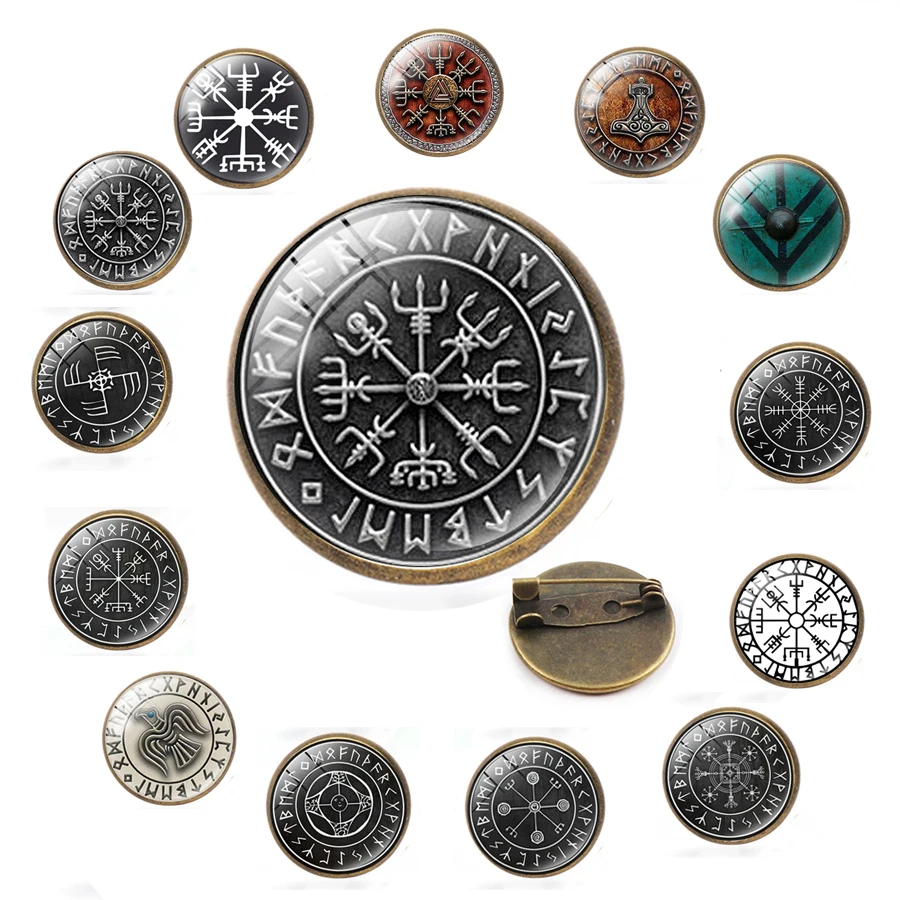 

Viking runes runic Pin Elder Futhark Badge Wicca Magical Norse Brooch Ancient Mythology Asatru Jewelry Glass gem Brooch