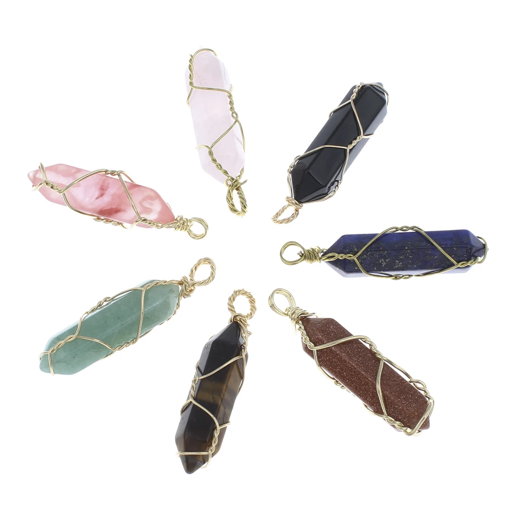 

YYW Natural Stone Pendant for Necklace Handmade Goldcolor Wire Jewelry Quartz Crystal Lapis Lazuli Tiger Eye Rose Stone Pendants