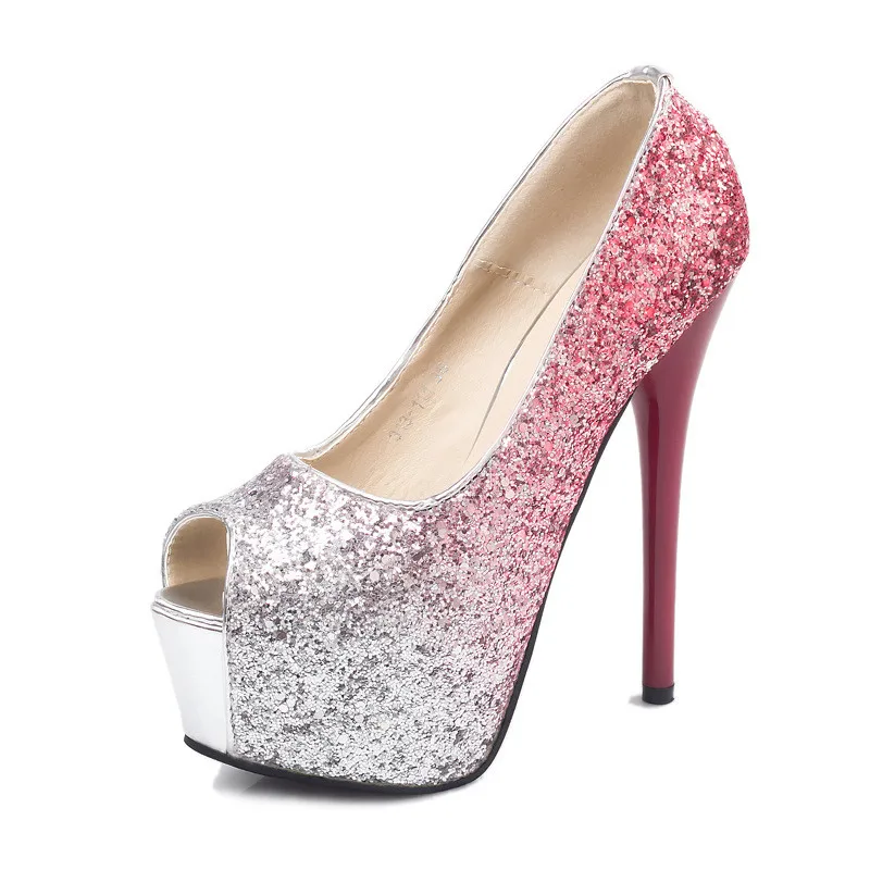 

2019 spring and autumn new sequins gradient color super high heel stiletto high heel women's shoes red 0524