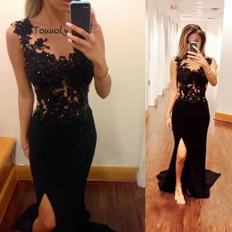 

Chic Black Evening Dress With Slit Slim Mermaid Sheer Neck Lace Junior Prom Dresses For Graduation Date Sleeveless Dinner Dress
