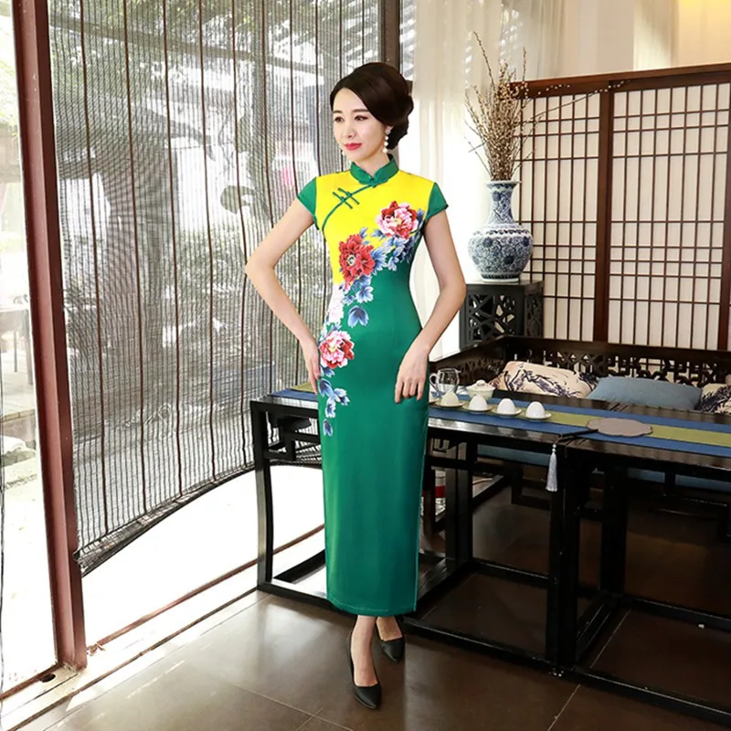 2019 Cheongsam Атлас печати Qipao платье Винтаж улучшилось осень Традиционный китайский длинные платья Мать Вечерние свадебное платье