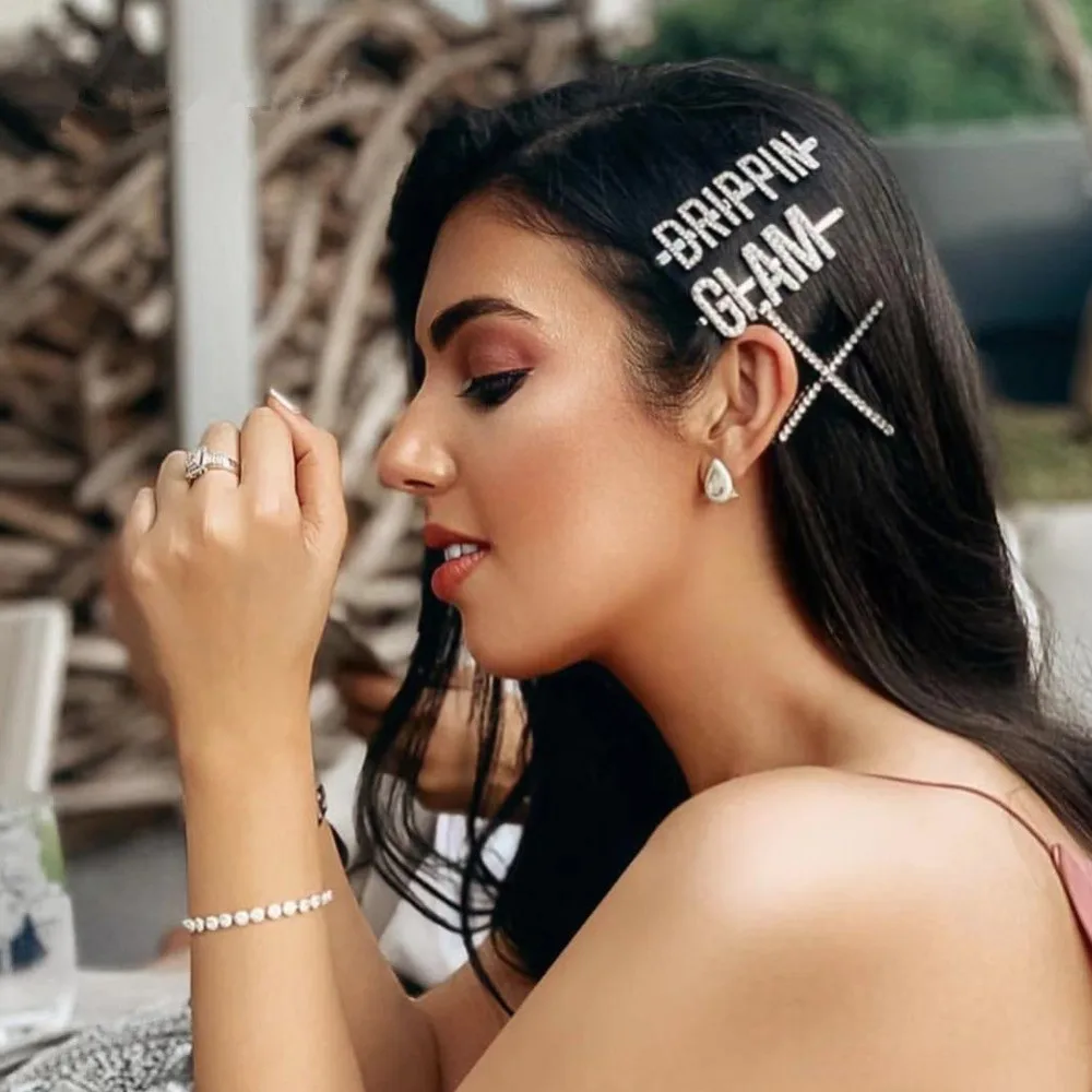 

New Fashion Crystal Hairpin Shiny Rhinestones GLAM DRIPPIN Letters Hair Clips Hair Accessories for Women Girls Drop Shipping