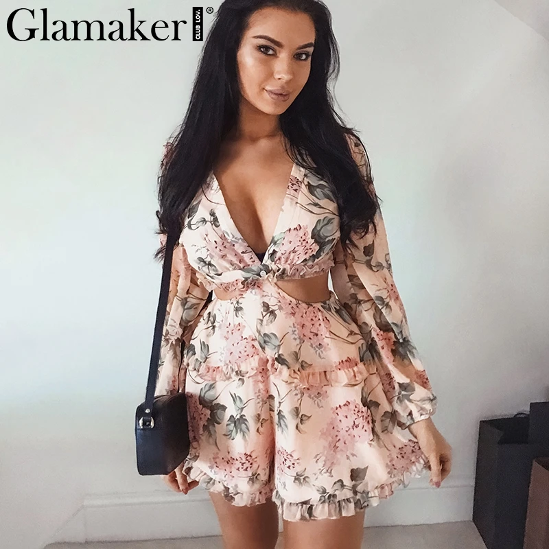 Glamaker Sexy floral print chiffon bandage Jumpsuit Romper V Neck lace up high waist Short jumpsuit summer women sexy playsuit