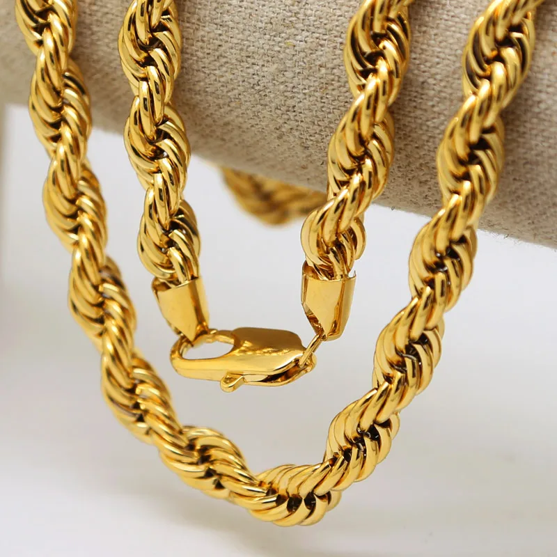 Men hip hop Solid Rope Chain 24K Gold 