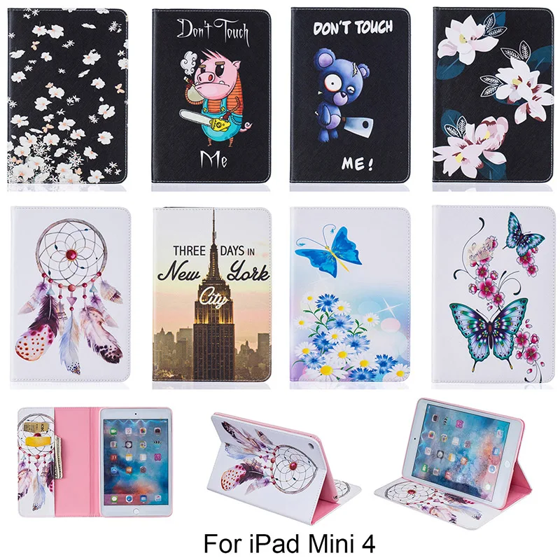 

For Apple iPad mini 4 case Butterfly Flower Tower Pig PU Leather Tablet Cover Card Holder Funda For iPad mini4 7.9'' B120