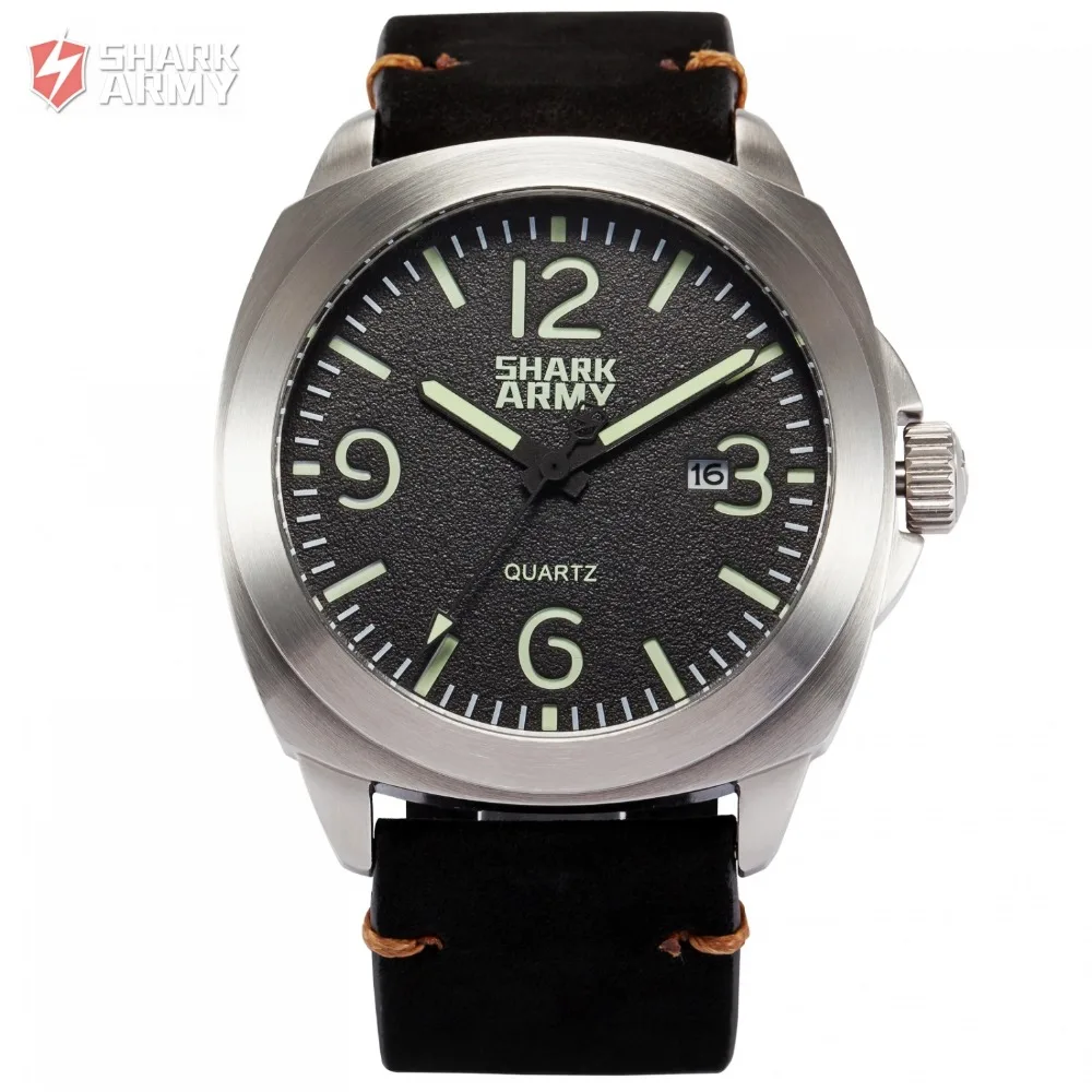 

Shark Army Luminous Mens Date Function Water Resistant Stainless Steel Black Leather Band Military Quartz Sport Watches /SAW185