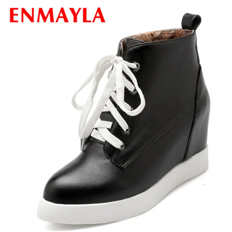 

ENMAYLA Height Increasing Ankle Boots Women Lace-Up Pointed Toe Winter Short Boots With Fur Black White Lady Platform Shoes
