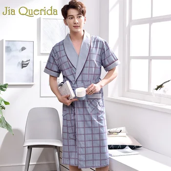 

J&Q 100% Cotton Robe Male Men Robe 2019 New Badjas Mannen Coton Yukata Men Sleepwear Bath Robe Plus Size Plaid Grey Kimono Homme