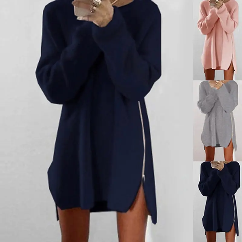 

Autumn Winter Fashion Loose Zipper Sweater Dress Women 3XL Large Size Casual Long Sleeve Solid Color Sweater Dress Femme Hot