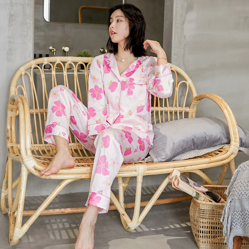 Pink Printed Pajama Set for Femme Silk Pyjamas Long Pants Set Sleepwear Women homewear suit Ladies Satin lady lingerie