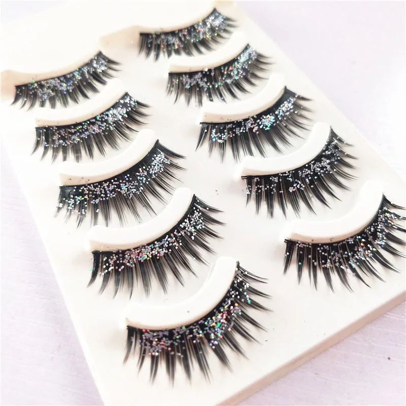 

5 pairs eyelashes with natural dense clusters of sparkling pink for stage performance