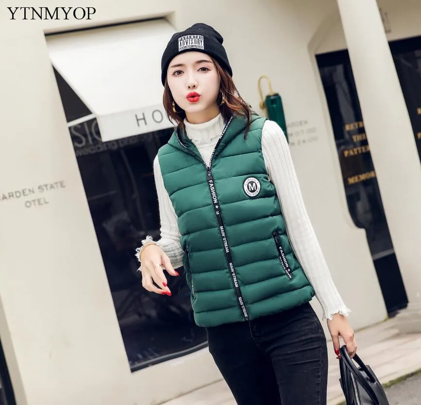 YTNMYOP Brands Short Down Cotton Vest Winter Women Sleeveless Jacket Slim Female Coat Green Thicken Casaco Hooded Girls Vests - Цвет: Зеленый