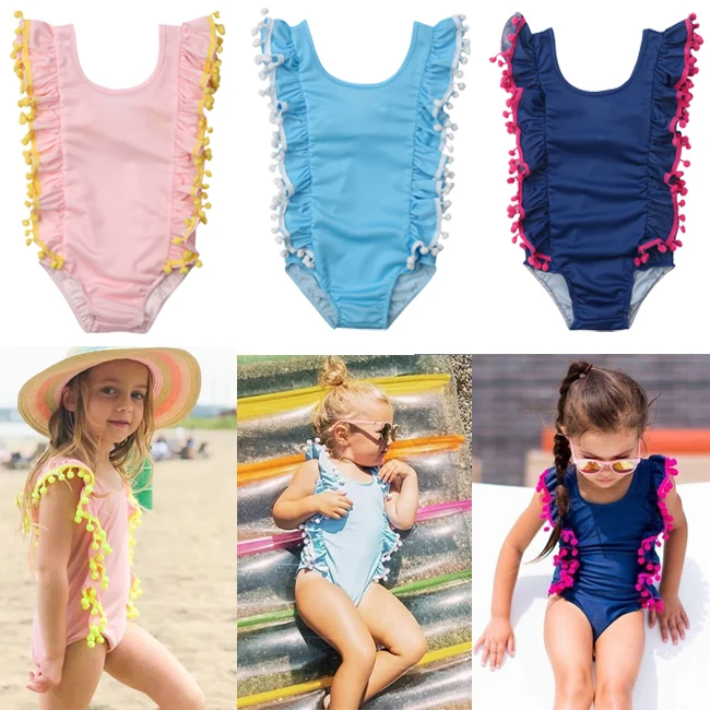 Детский цельный костюм детский купальник для девочек с оборками, однотонные бикини, купальники с оборками для плавания, Костюм 1-6Y